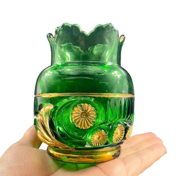 1896 EAPG Riverside Esther Emerald Glass Gold Spooner Antique Glass Vase VINTAGE - Picture 3 of 16